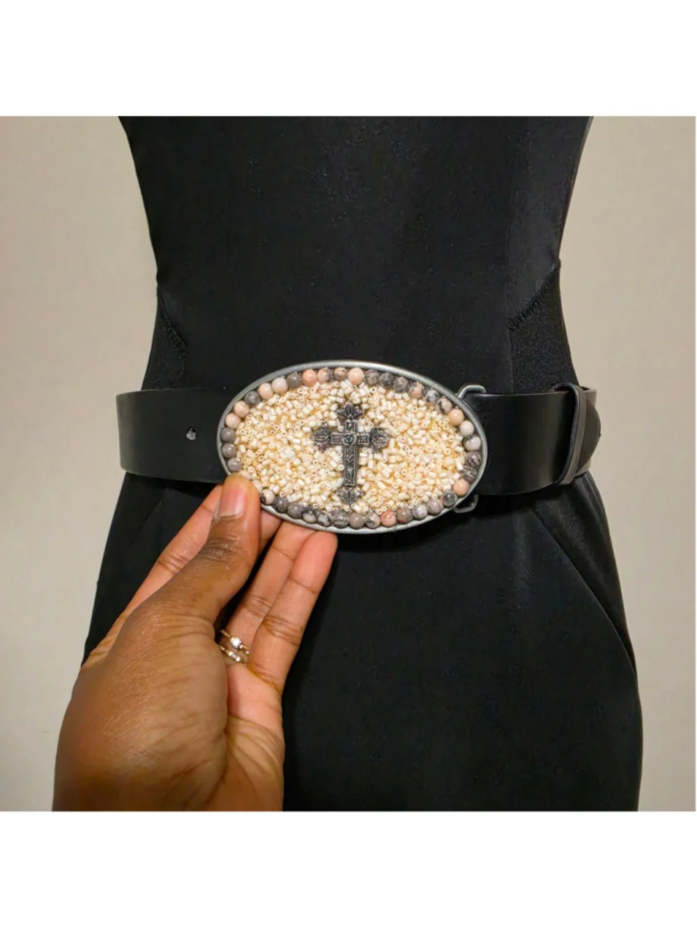 Buckle Rage Western Cross Concho Belt Black Leather Beaded XXS
